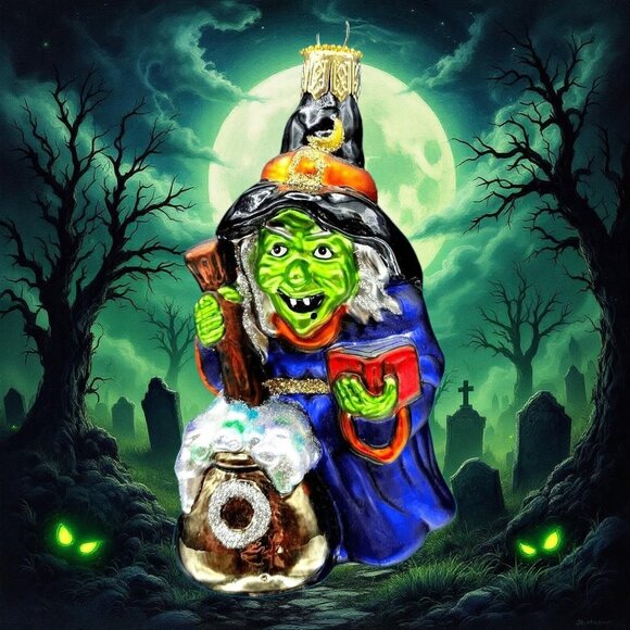 Wicked Witch And Cauldron Glass Ornament Green Witch Halloween Ornament 4" Hag - Picture 1 of 9